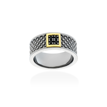 ANILLO PLATA Y ORO CON BRILLANTES NEGROS