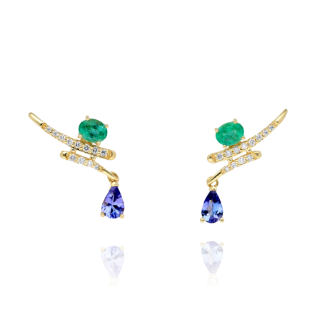 PENDIENTES ORO BRILLANTES, TANZANITA Y ESMERALDA