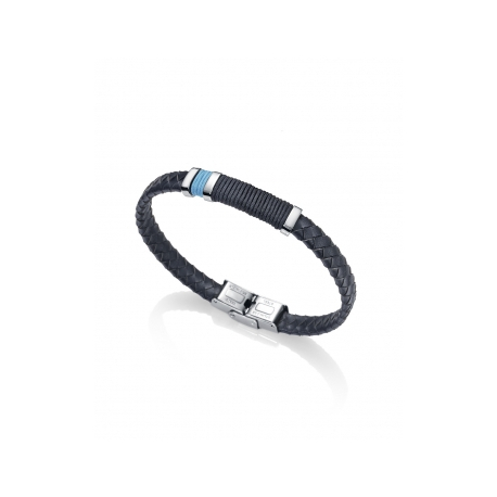 PULSERA ACERO Y CUERO AZUL.