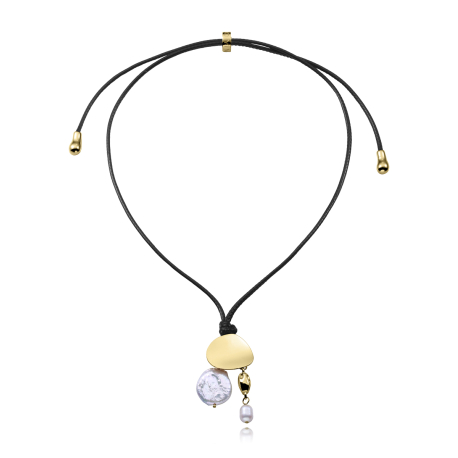 COLLAR DORADO, PERLA Y CUERO